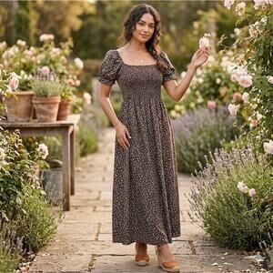 SHEIN Brown Floral Smocked Maxi Dress Puff Sleeve Cottagecore L